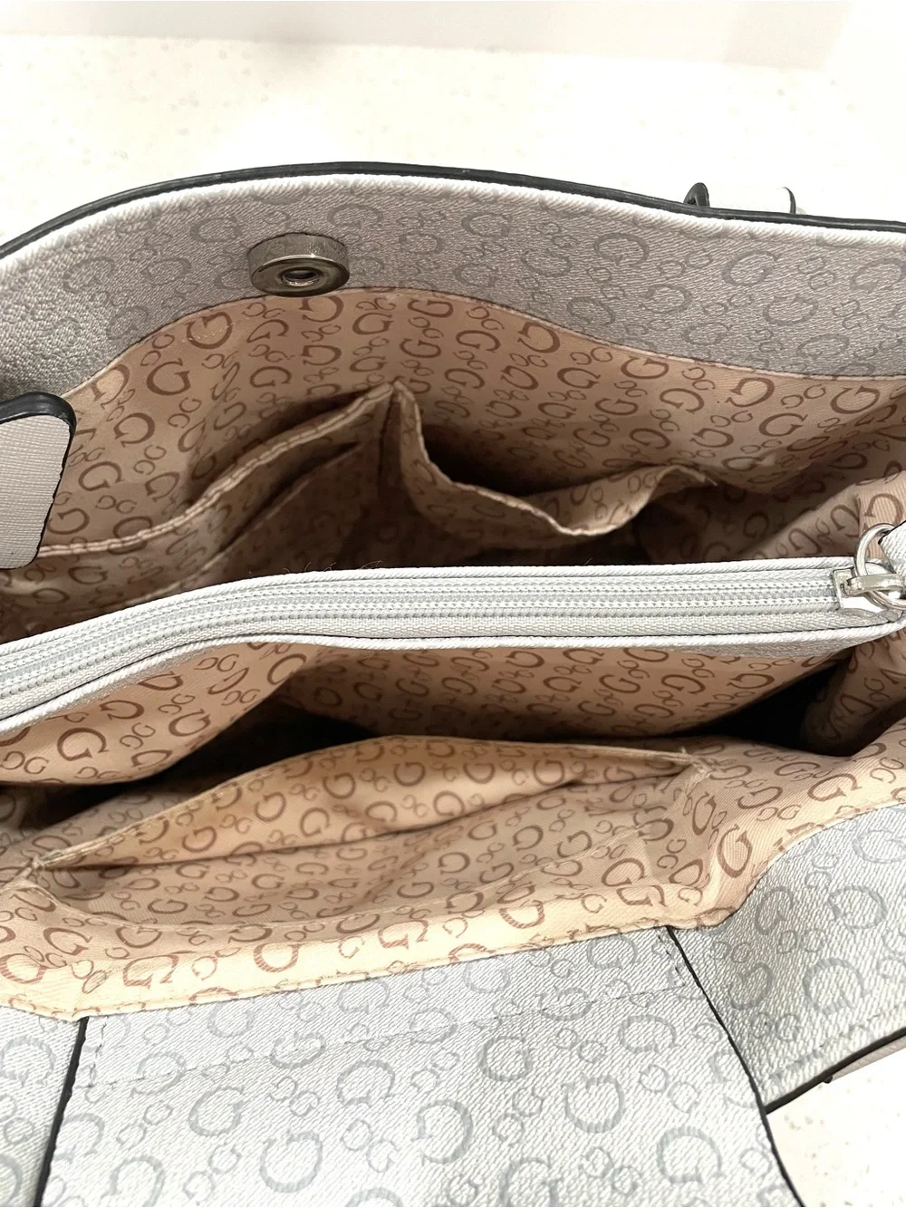 GUESS White Logo-Print Satchel with Silver Hardware